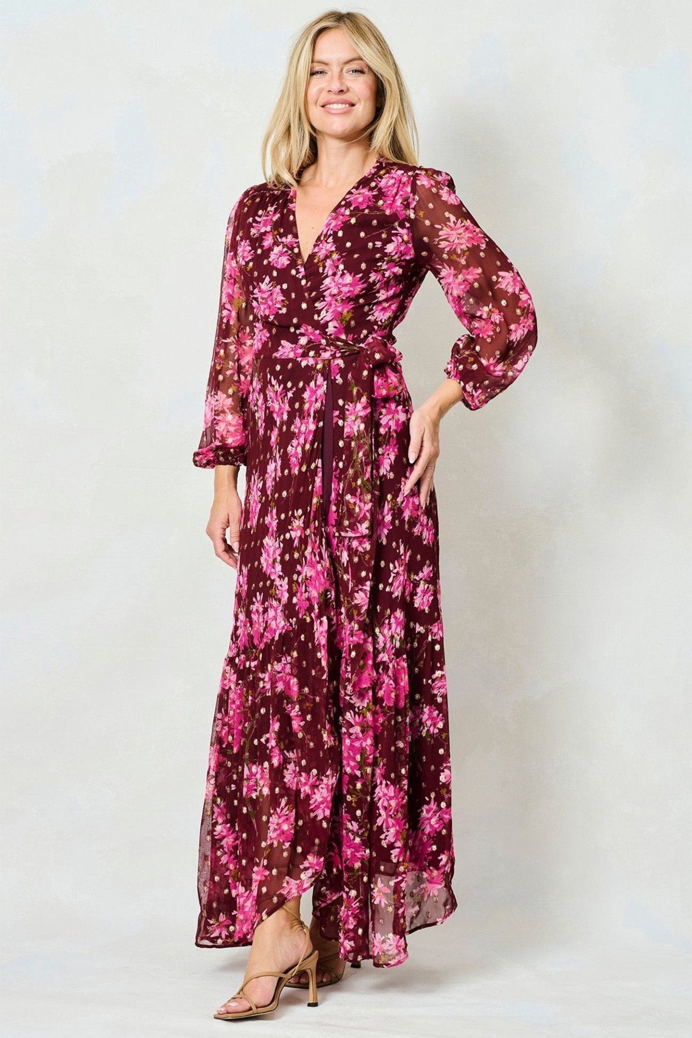 Hope & Ivy Blossom Pink Lurex Spot Maxi Wrap Dress - Dotique - Hope and Ivy