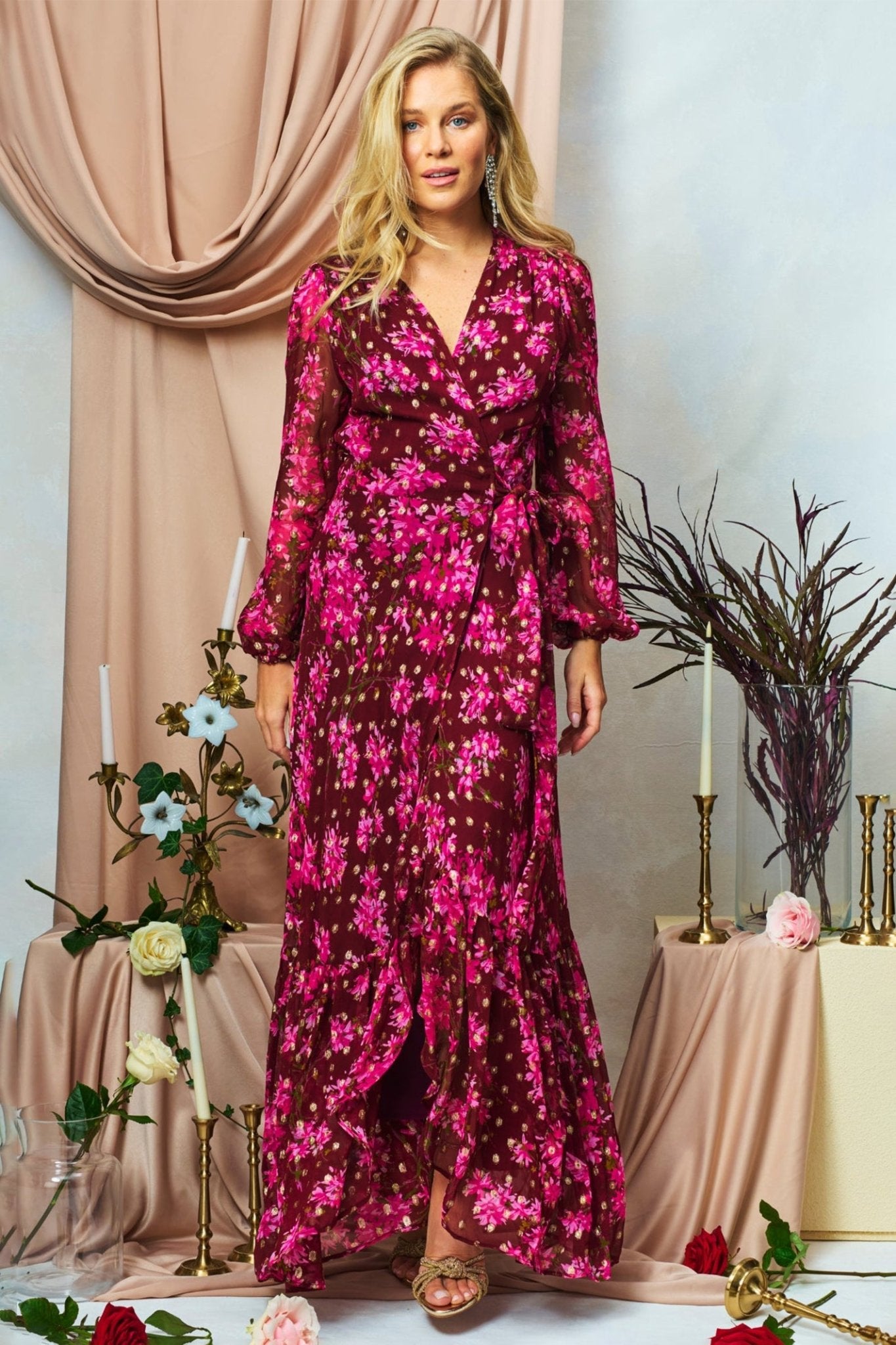 Hope & Ivy Blossom Pink Lurex Spot Maxi Wrap Dress - Dotique - Hope and Ivy