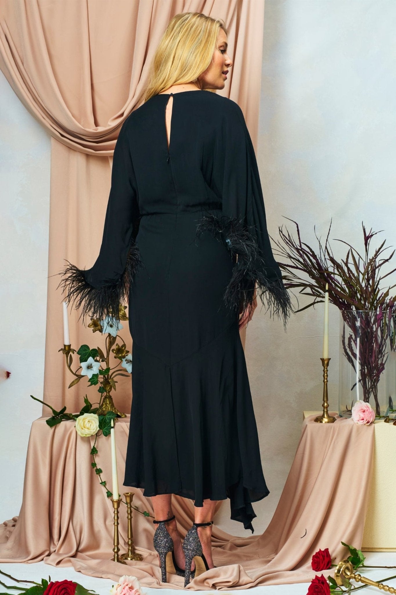 Hope & Ivy Helena Black Feather Trim Sleeve Midi Dress - Dotique - Hope and Ivy