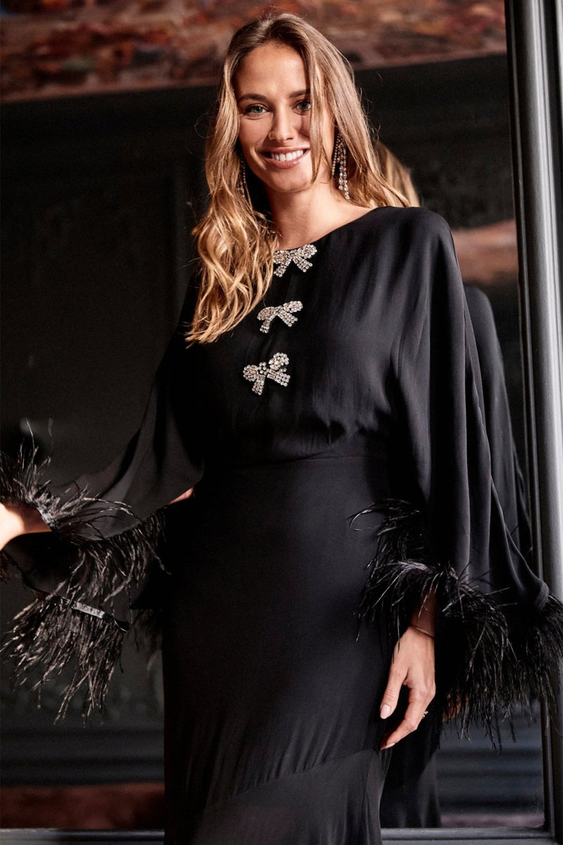 Hope & Ivy Helena Black Feather Trim Sleeve Midi Dress  Dotique