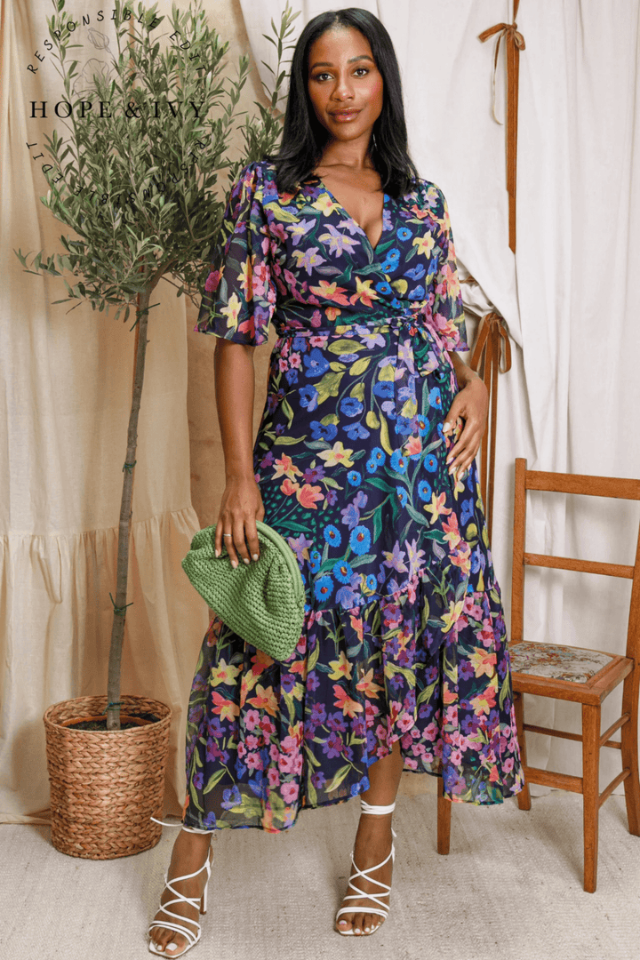 Hope & Ivy Nesta Flutter Sleeve Maxi Wrap Dress with Tie Waist - Dotique