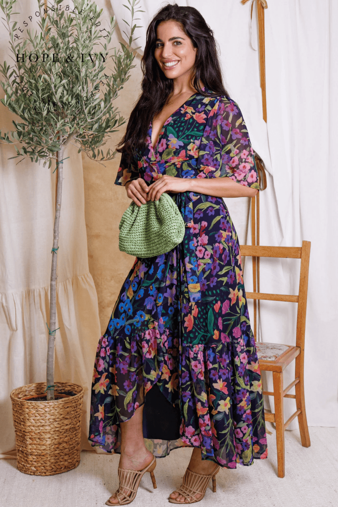 Hope & Ivy Nesta Flutter Sleeve Maxi Wrap Dress with Tie Waist - Dotique
