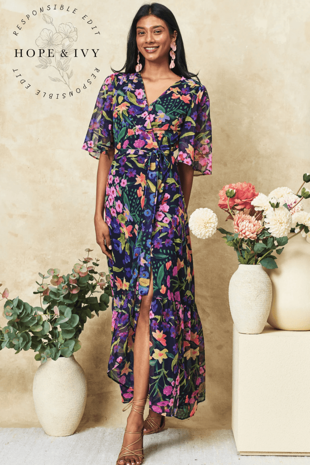 Hope & Ivy Nesta Flutter Sleeve Maxi Wrap Dress with Tie Waist - Dotique
