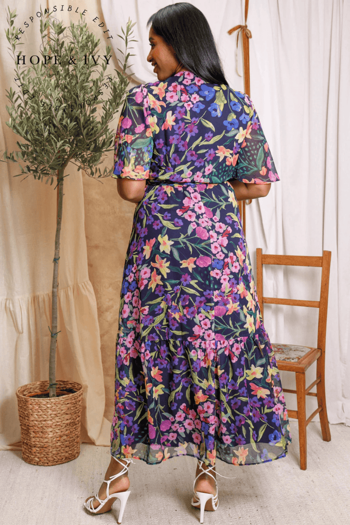 Hope & Ivy Nesta Flutter Sleeve Maxi Wrap Dress with Tie Waist - Dotique