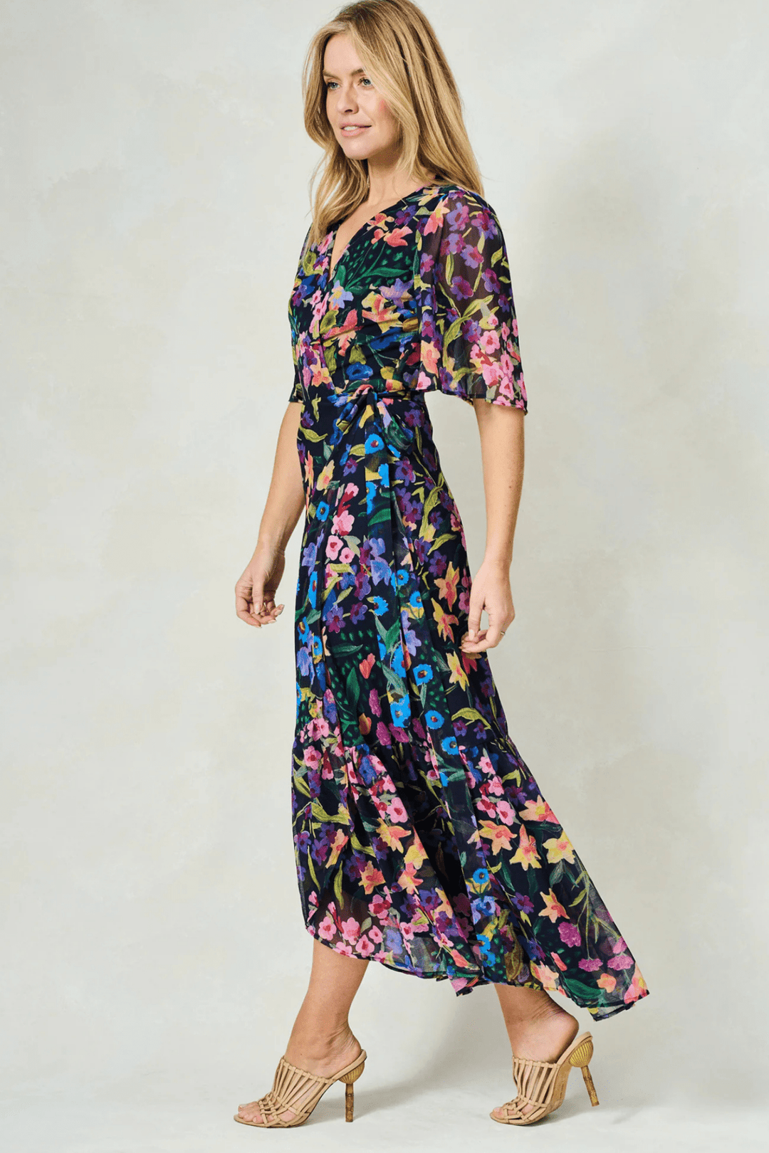 Hope & Ivy Nesta Flutter Sleeve Maxi Wrap Dress with Tie Waist - Dotique