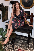 Hope & Ivy Petite Tanya Satin Occasion Dress worn by a woman. Hope and Ivy. Shop Hope and Ivy at Dotique.