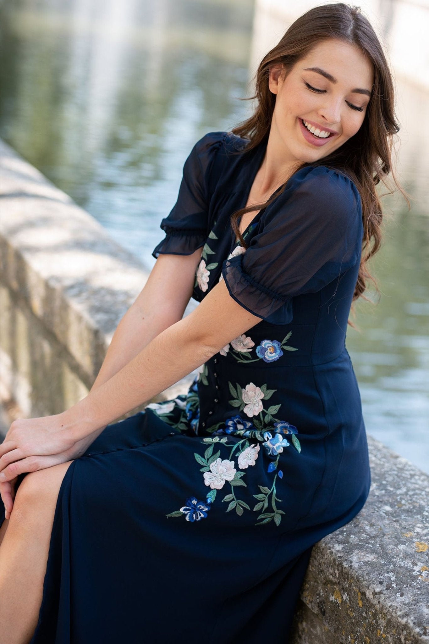 Hope & Ivy The Ariana Embroidered Puff Sleeve Front Button Midi Dress - Dotique
