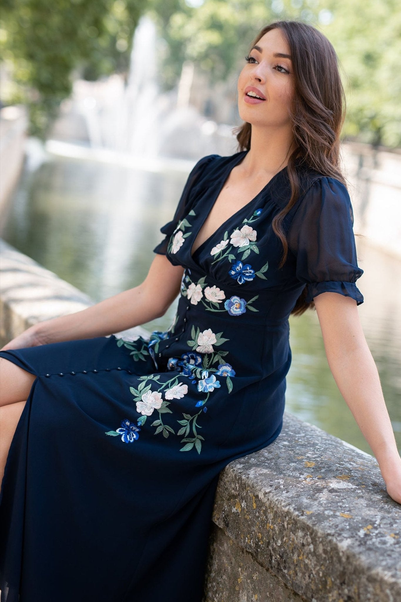 Hope & Ivy The Ariana Embroidered Puff Sleeve Front Button Midi Dress - Dotique