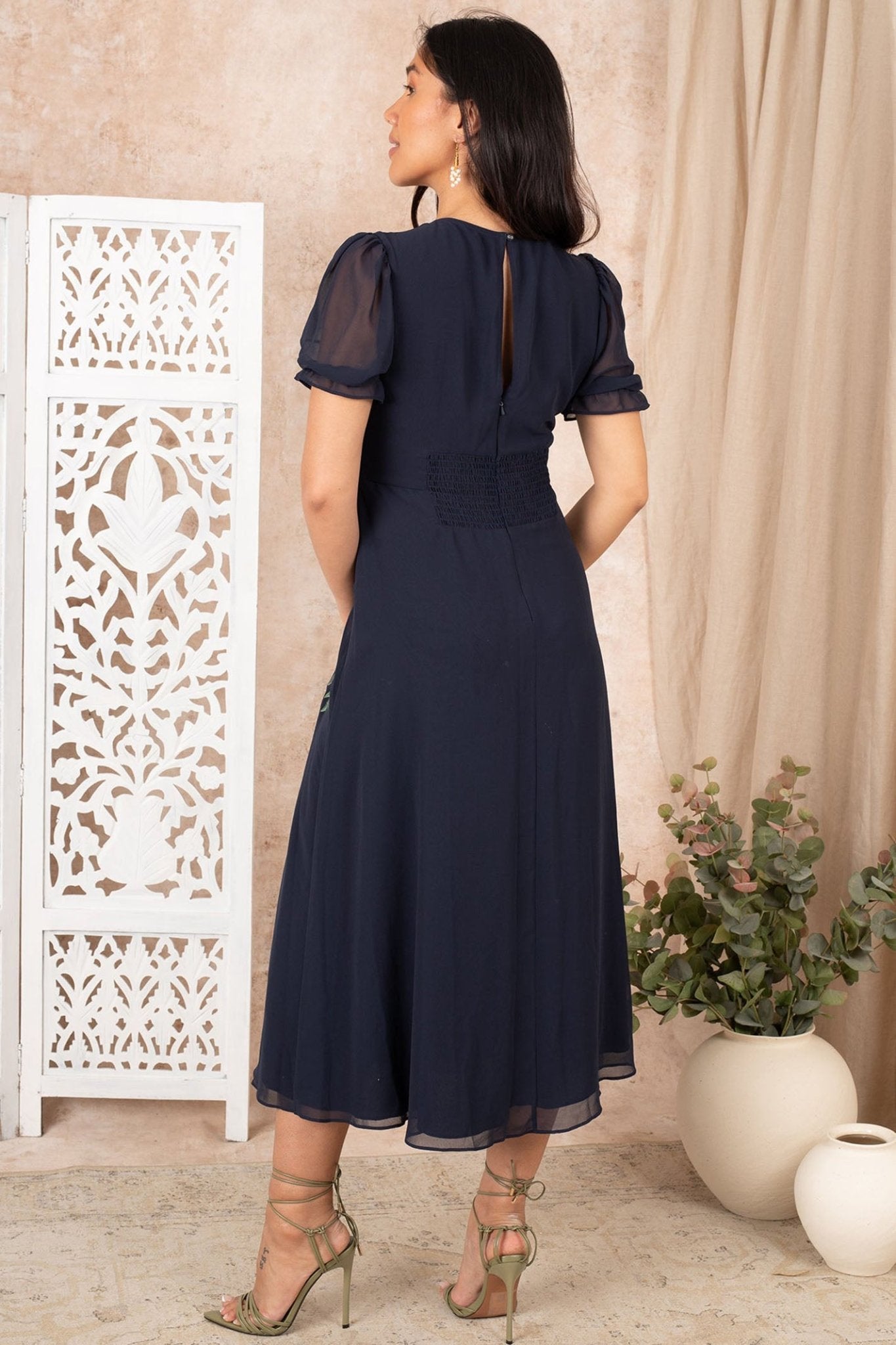 Hope & Ivy The Ariana Embroidered Puff Sleeve Front Button Midi Dress - Dotique