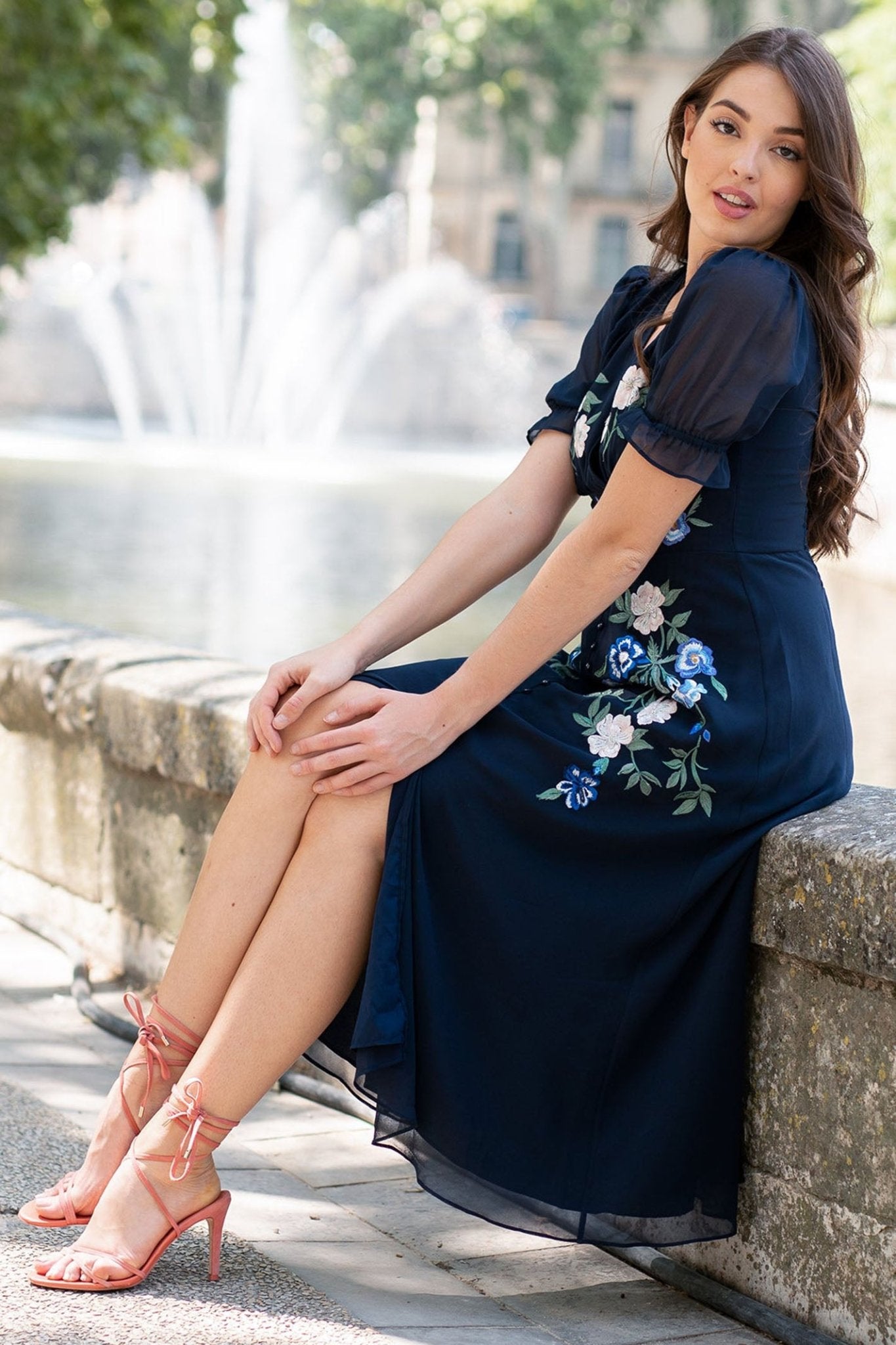 Hope & Ivy The Ariana Embroidered Puff Sleeve Front Button Midi Dress - Dotique