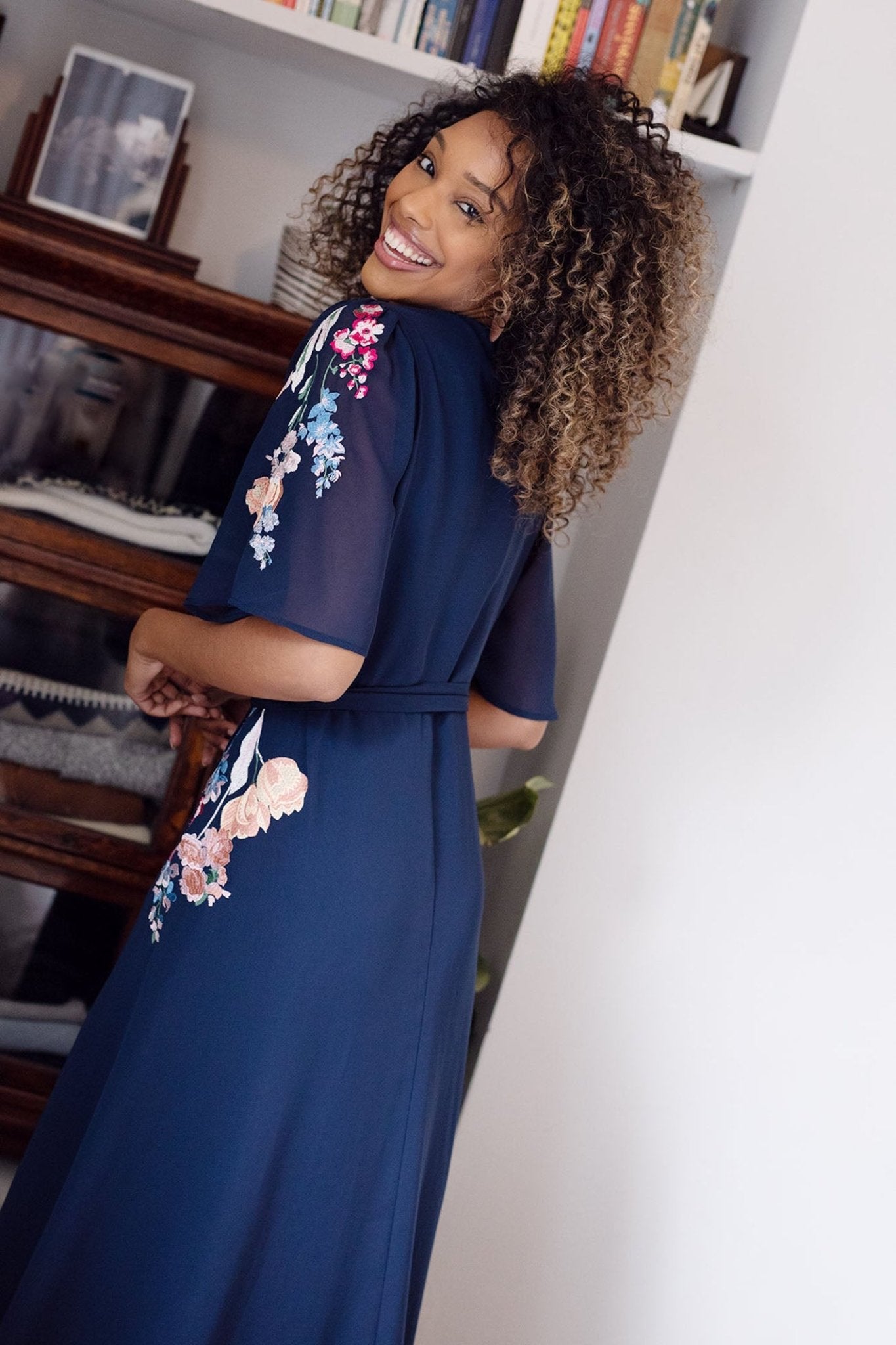 Hope & Ivy The Gisela Embroidered Flutter Sleeve Maxi Wrap Dress with Tie Waist - Dotique