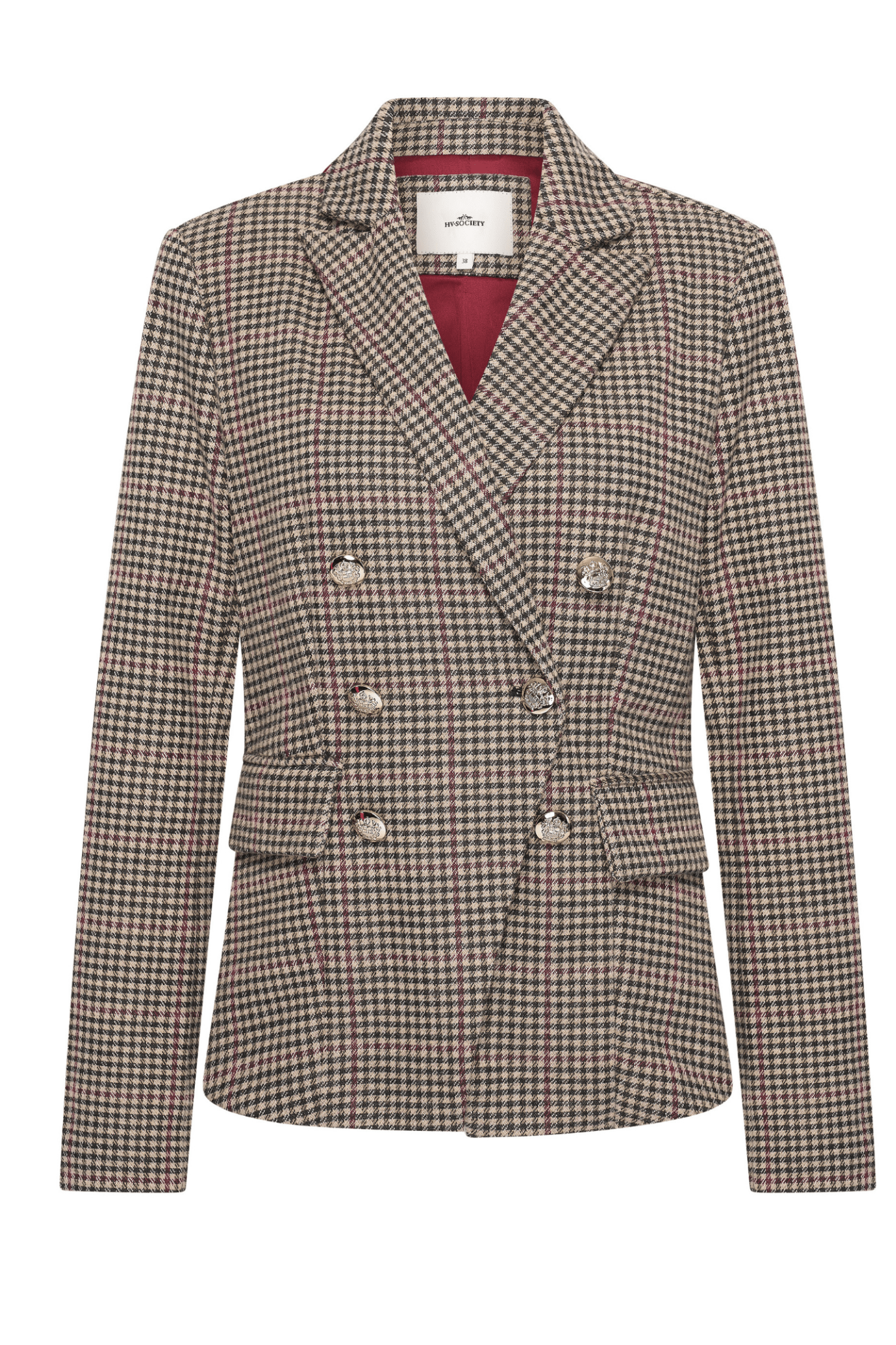 HV Society burgundy houndstooth check blazer with double-breasted gold buttons