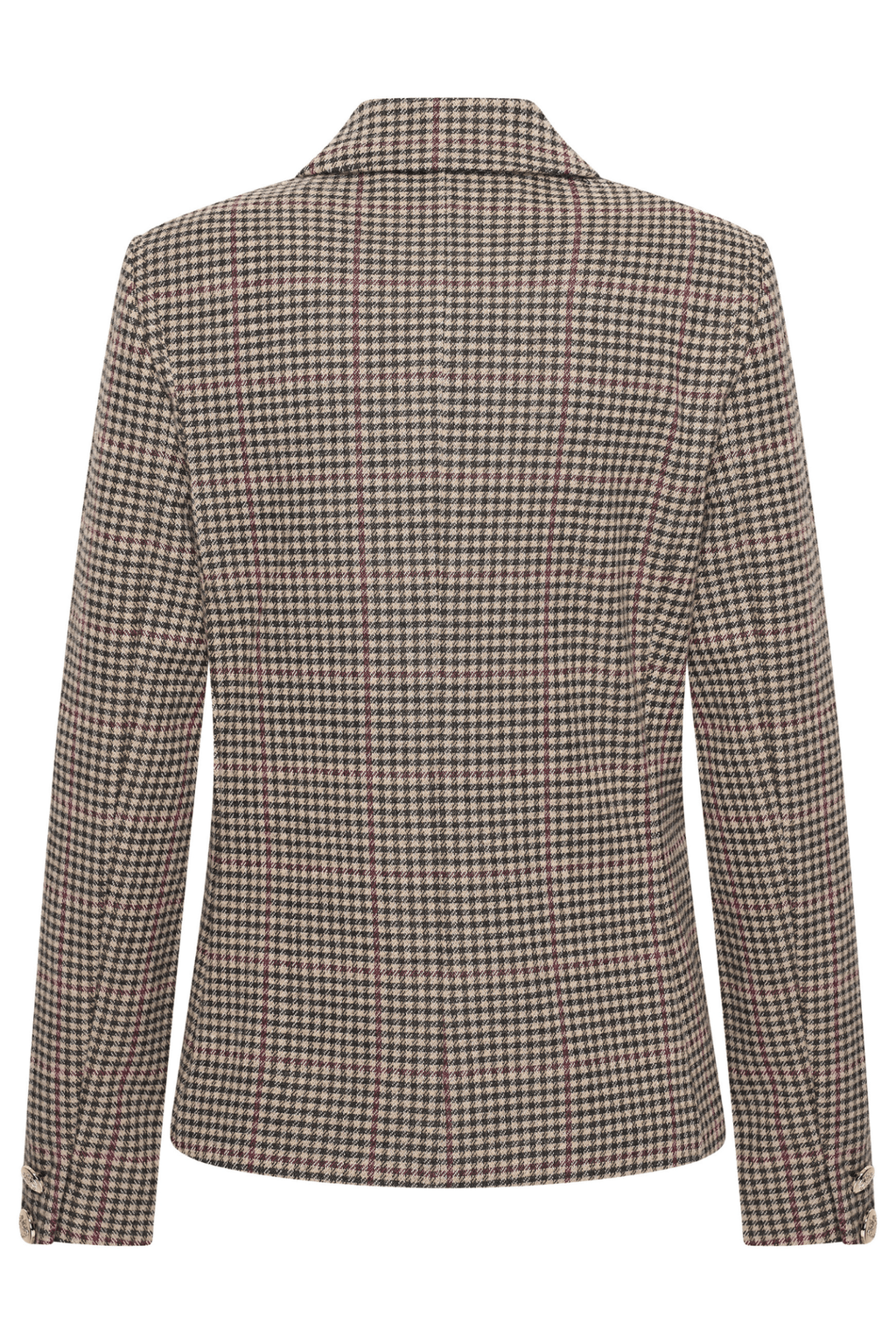 HV Society burgundy houndstooth check blazer with double-breasted gold buttons