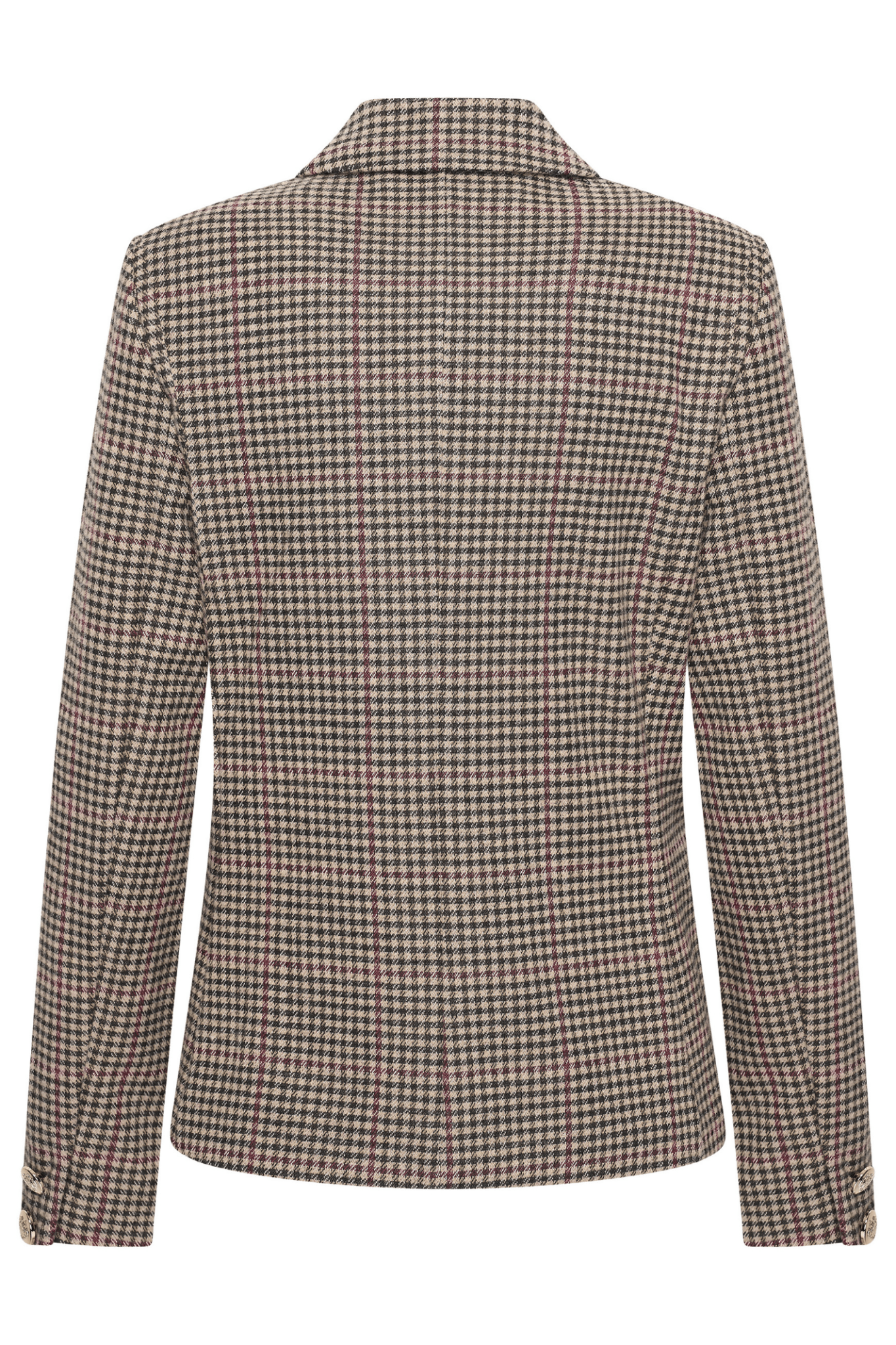 HV Society burgundy houndstooth check blazer with double-breasted gold buttons