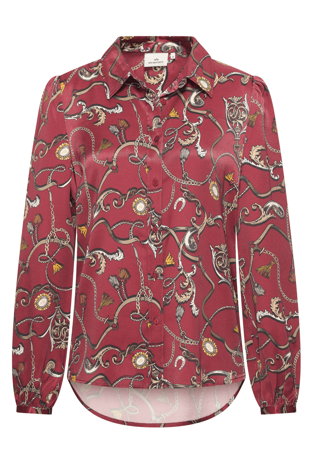 HV Society burgundy blouse with equestrian scarf print and button front – Dotique