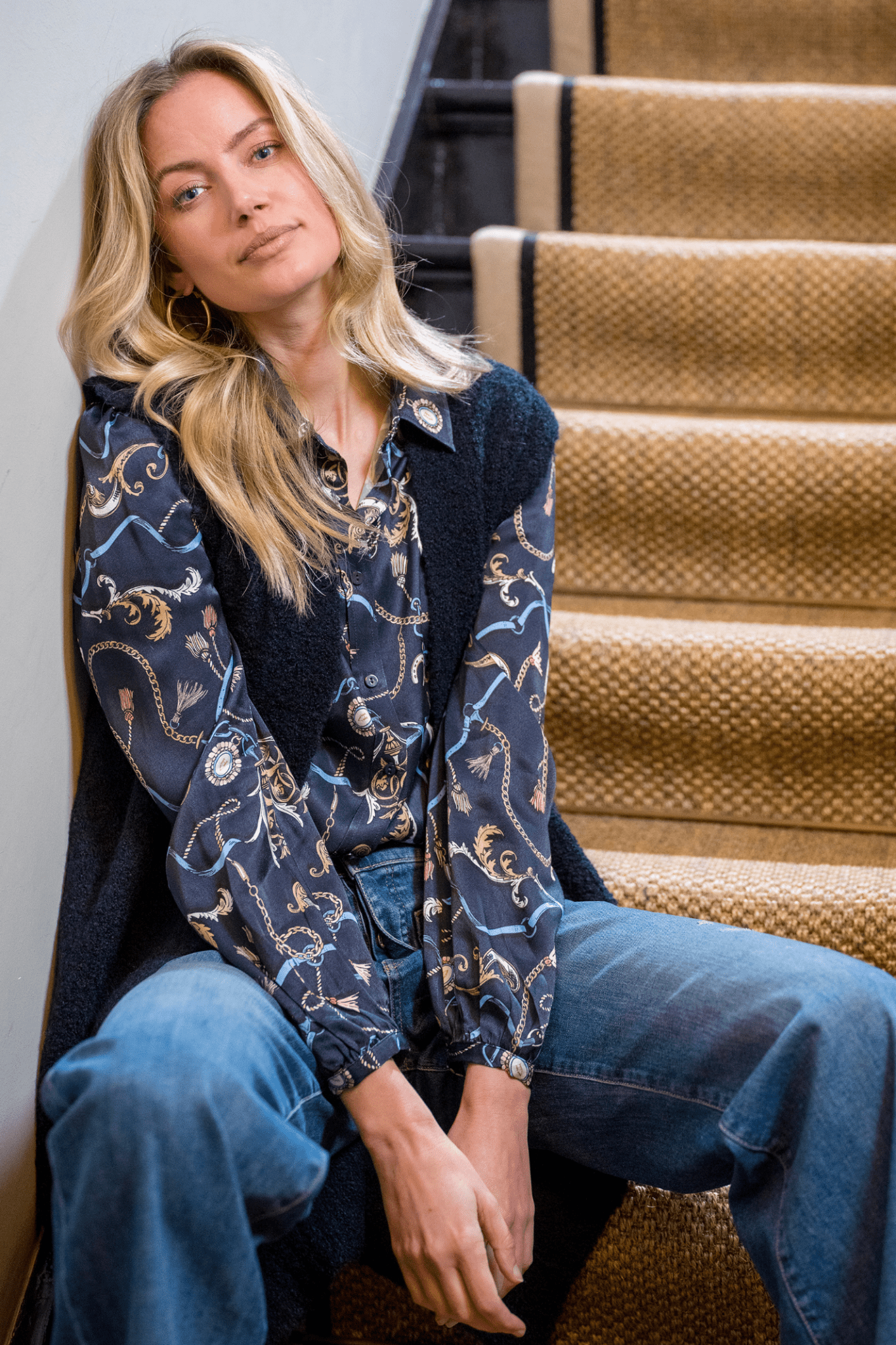 HV Society navy blouse with equestrian scarf print and button front – Dotique

