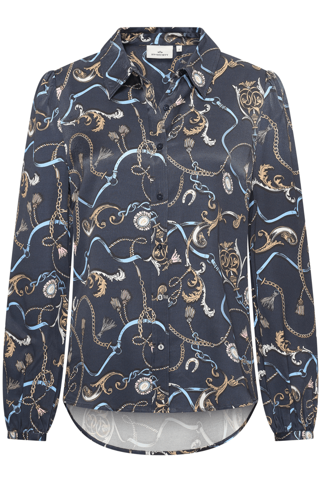 HV Society navy blouse with equestrian scarf print and button front – Dotique

