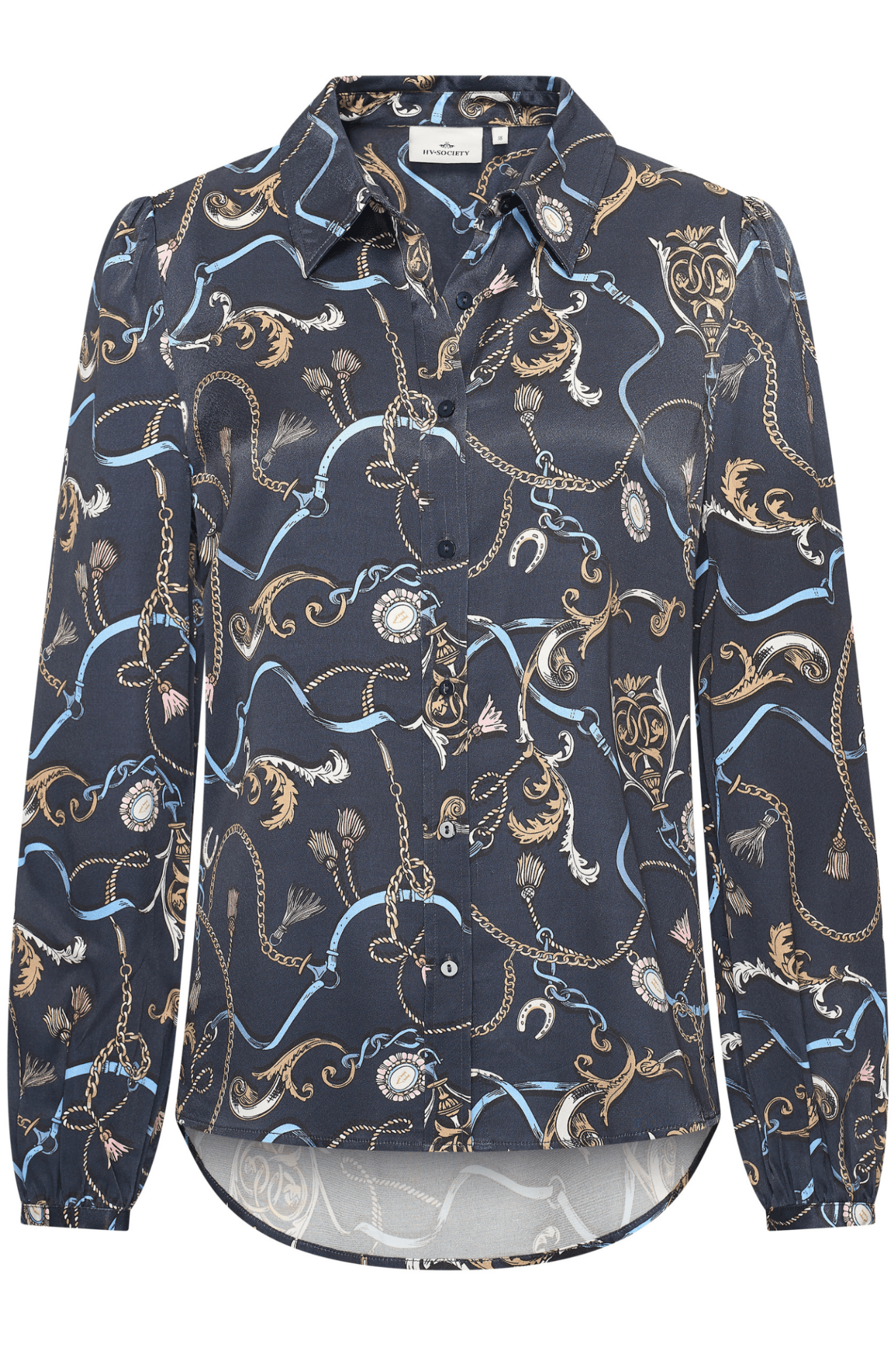 HV Society navy blouse with equestrian scarf print and button front – Dotique

