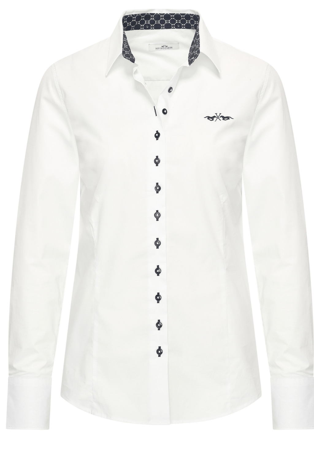 Dotique HV Society white cotton blouse with contrast navy printed collar and decorative front buttons