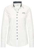 Dotique HV Society white cotton blouse with contrast navy printed collar and decorative front buttons