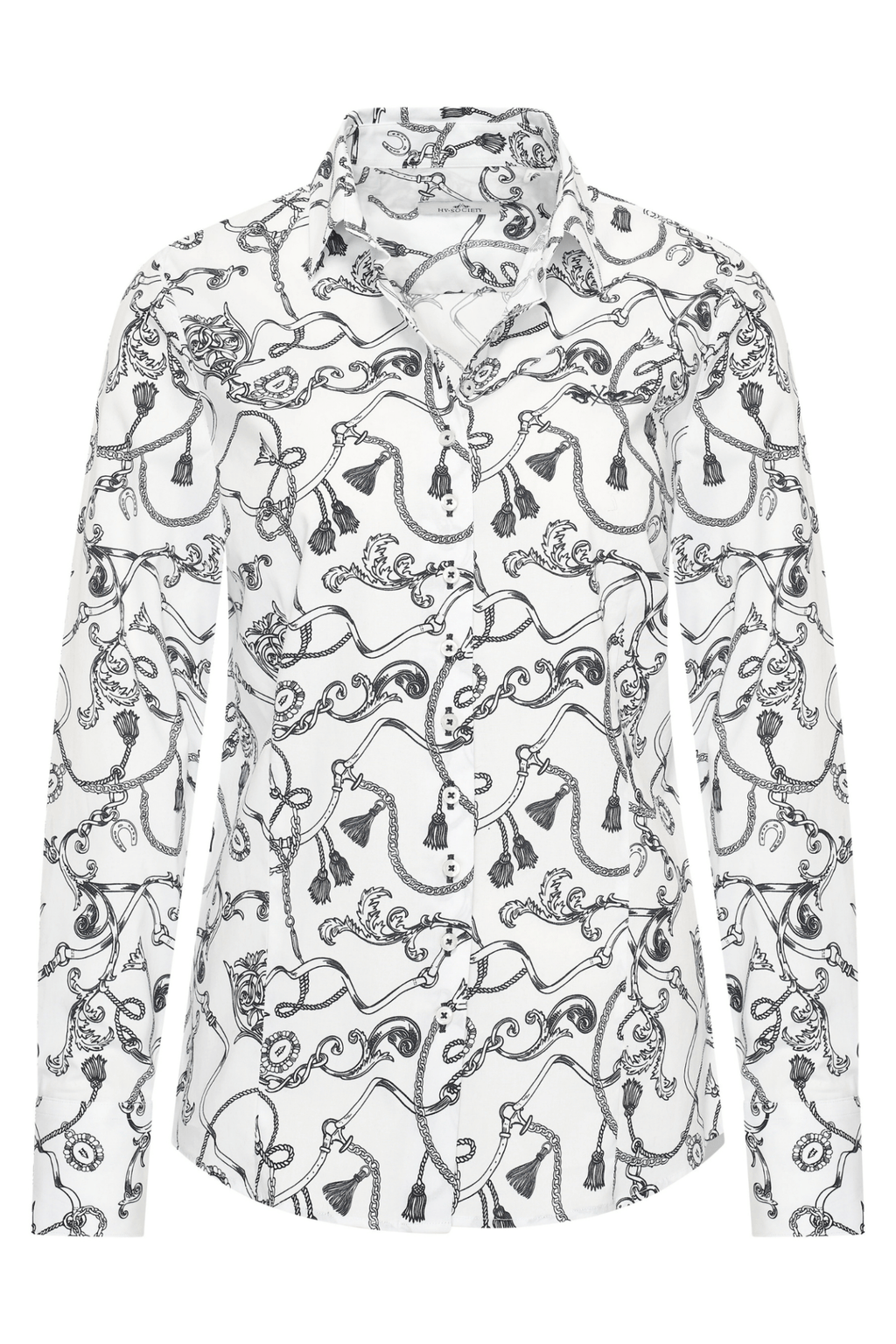 Dotique HV Society blue and white printed viscose blouse with tassel and chain motif