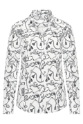 Dotique HV Society blue and white printed viscose blouse with tassel and chain motif