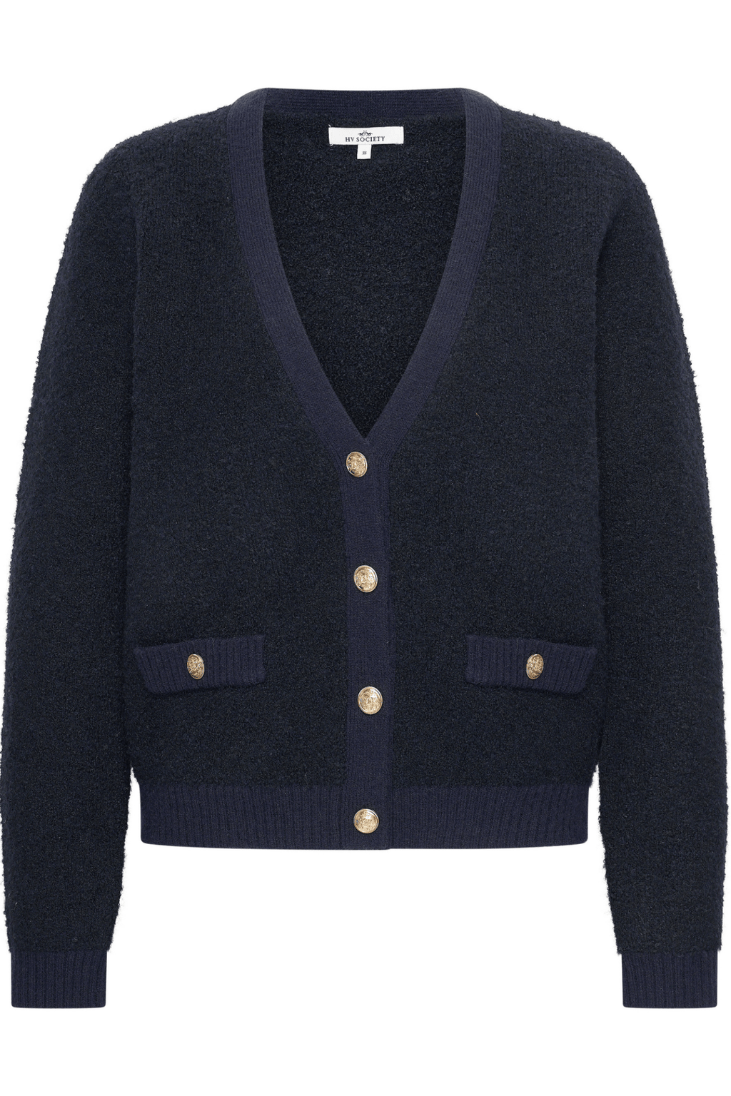 HV Society navy cardigan with gold buttons and pocket detail – Dotique