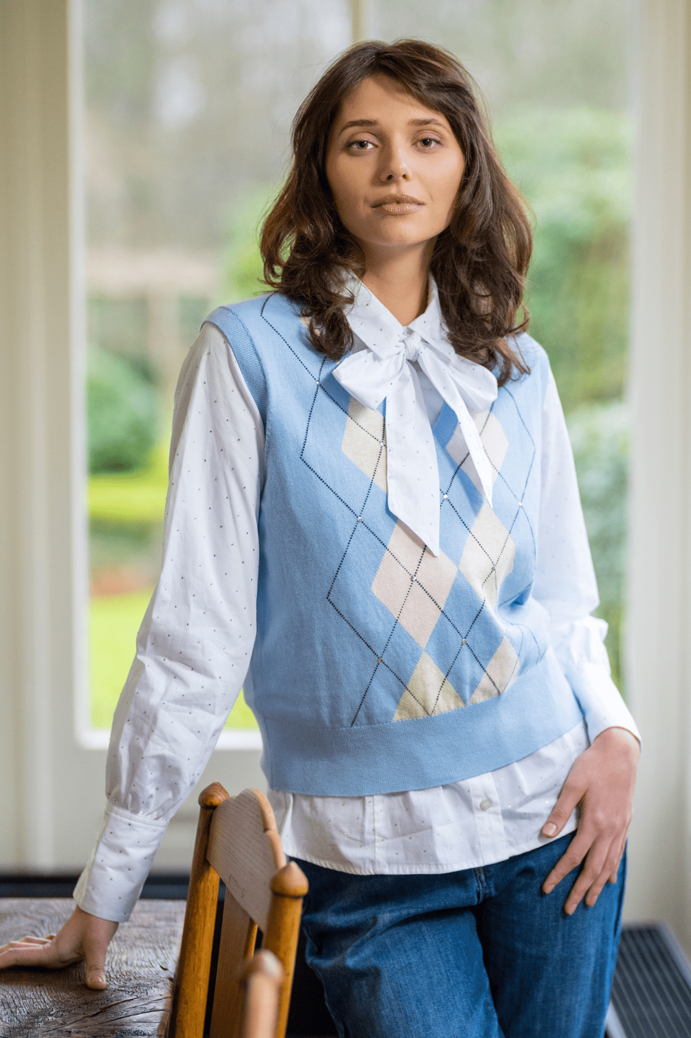 White HV Society blouse with dotted detail and bow tie neck – Dotique

