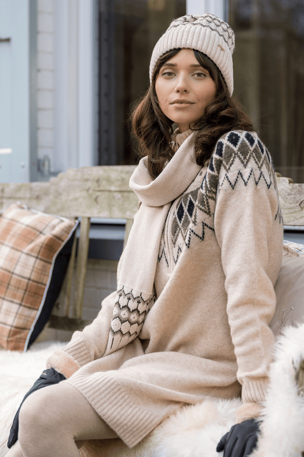 HV Society kit beige jumper dress with fair isle diamond knit yoke – Dotique