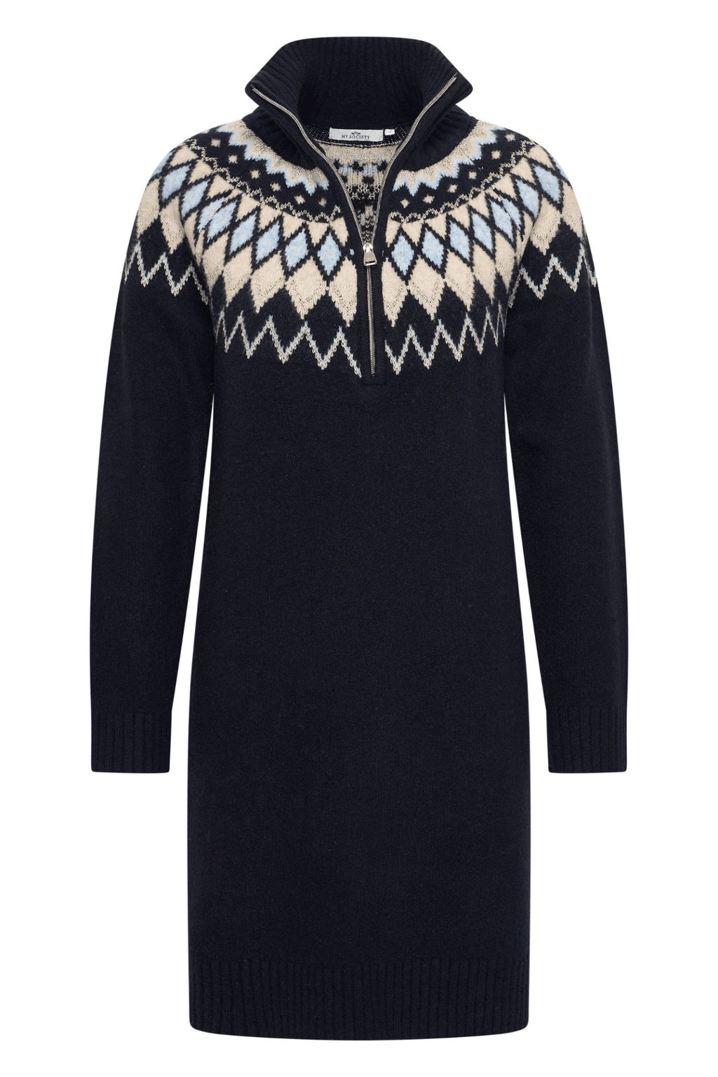Dotique HV Society navy knitted dress with Fair Isle design in cream and blue and half zip collar