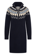 Dotique HV Society navy knitted dress with Fair Isle design in cream and blue and half zip collar