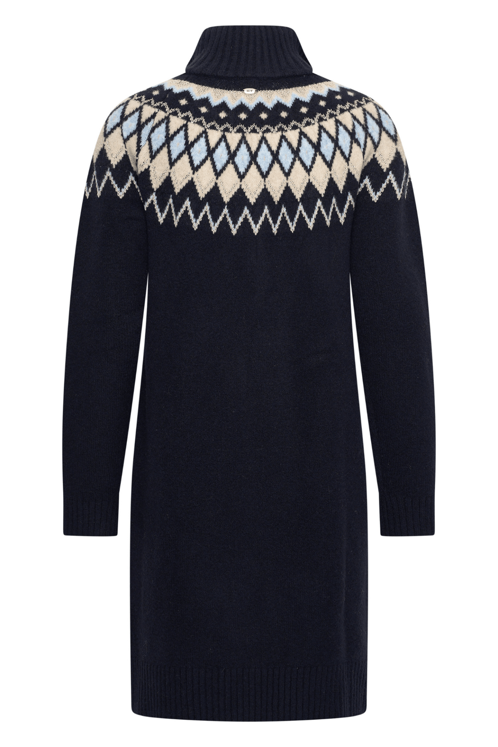 Dotique HV Society navy knitted dress with Fair Isle design in cream and blue and half zip collar