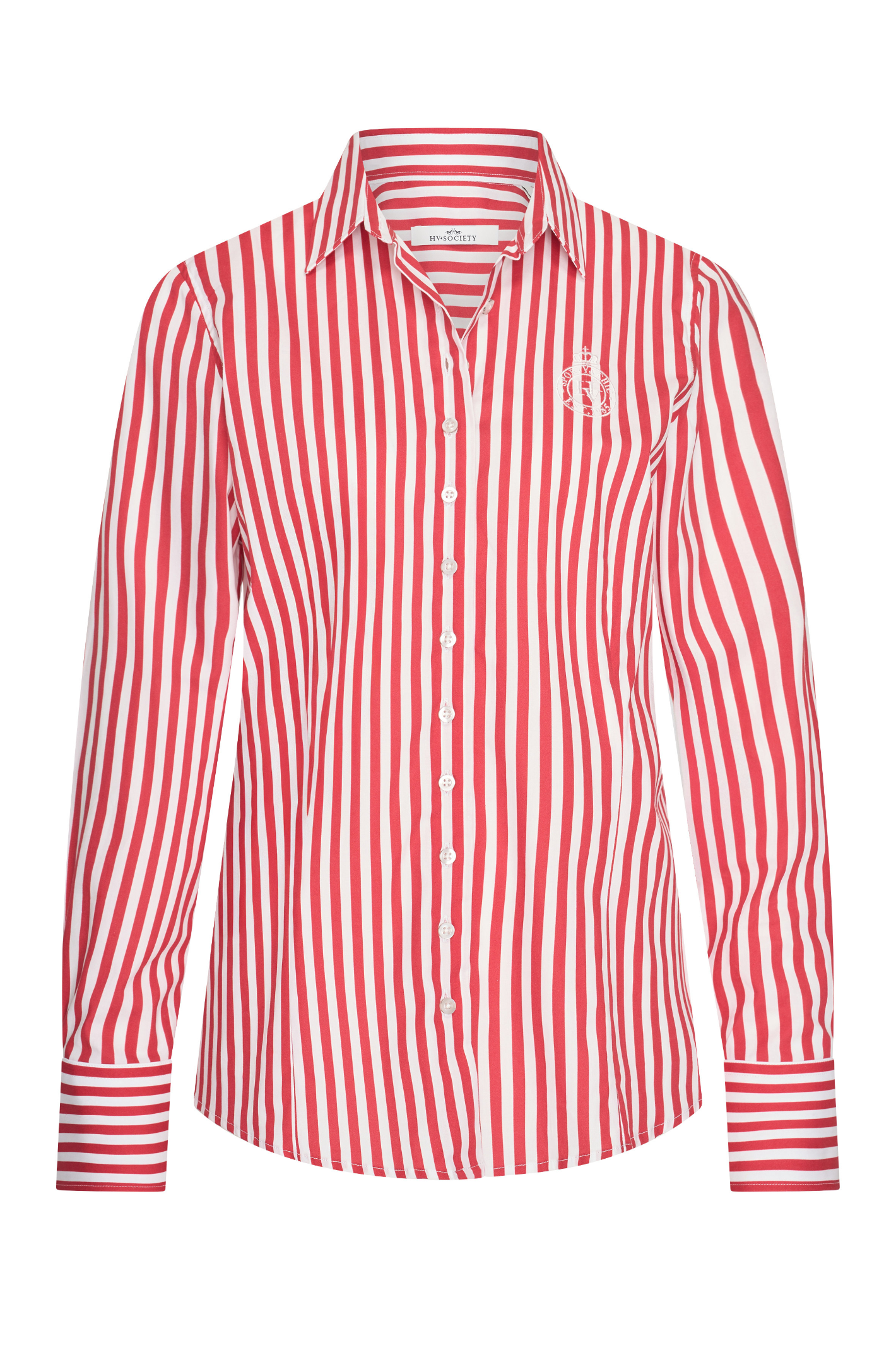 Red and white striped HV Society Debora blouse in 100% cotton with a flattering tailored fit. Crisp, classic and easy to wear. Shop now at Dotique.