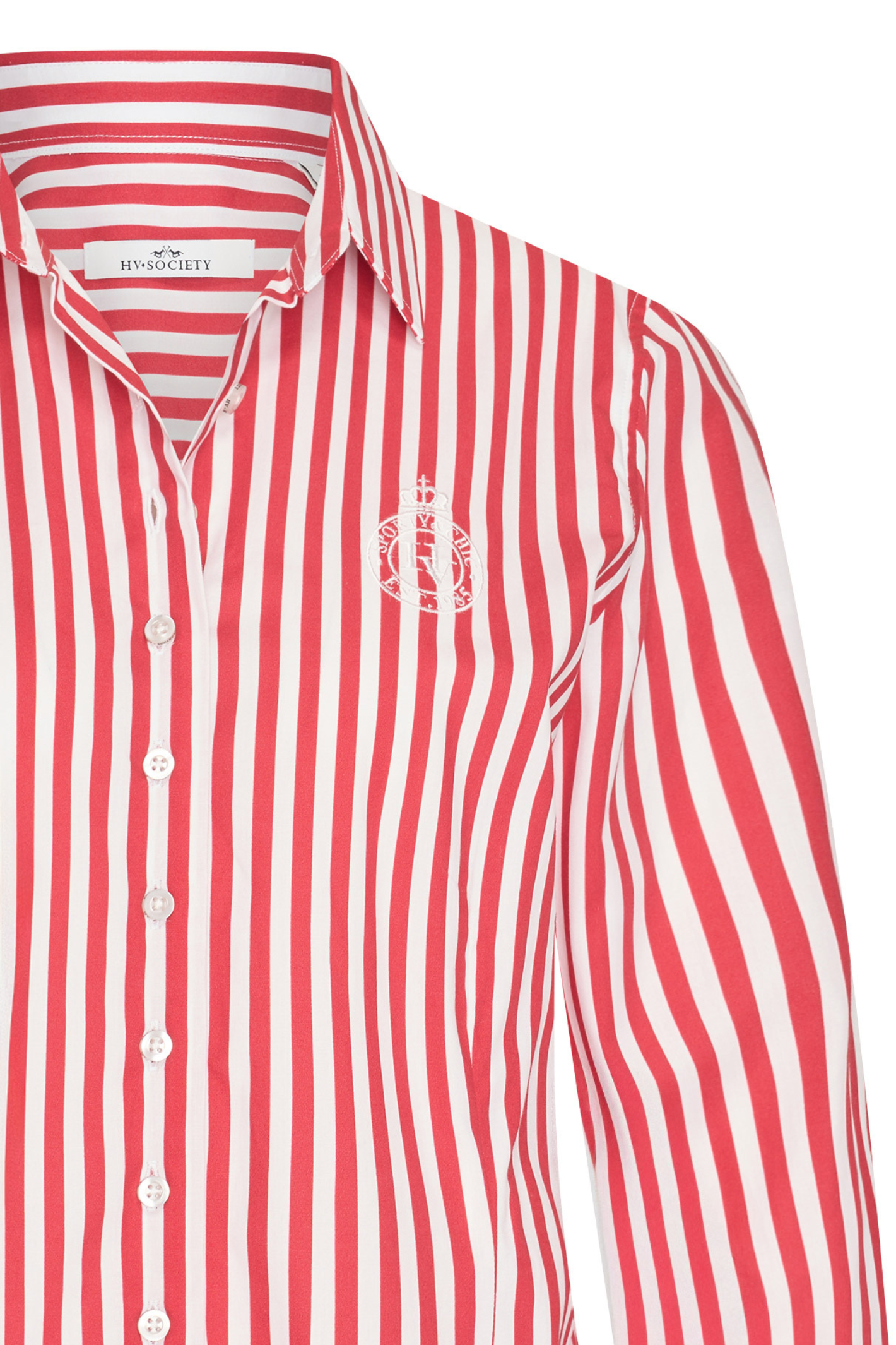 Red and white striped HV Society Debora blouse in 100% cotton with a flattering tailored fit. Crisp, classic and easy to wear. Shop now at Dotique.
