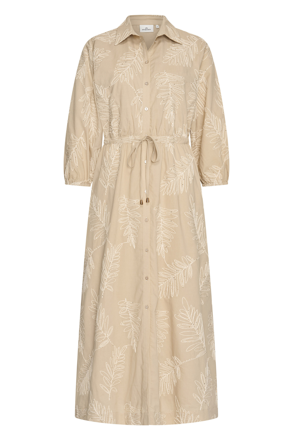 HV Society Doris sand shirt dress in 100% cotton. Soft, breathable and flattering with a beautiful embroidered finish. Shop at Dotique.