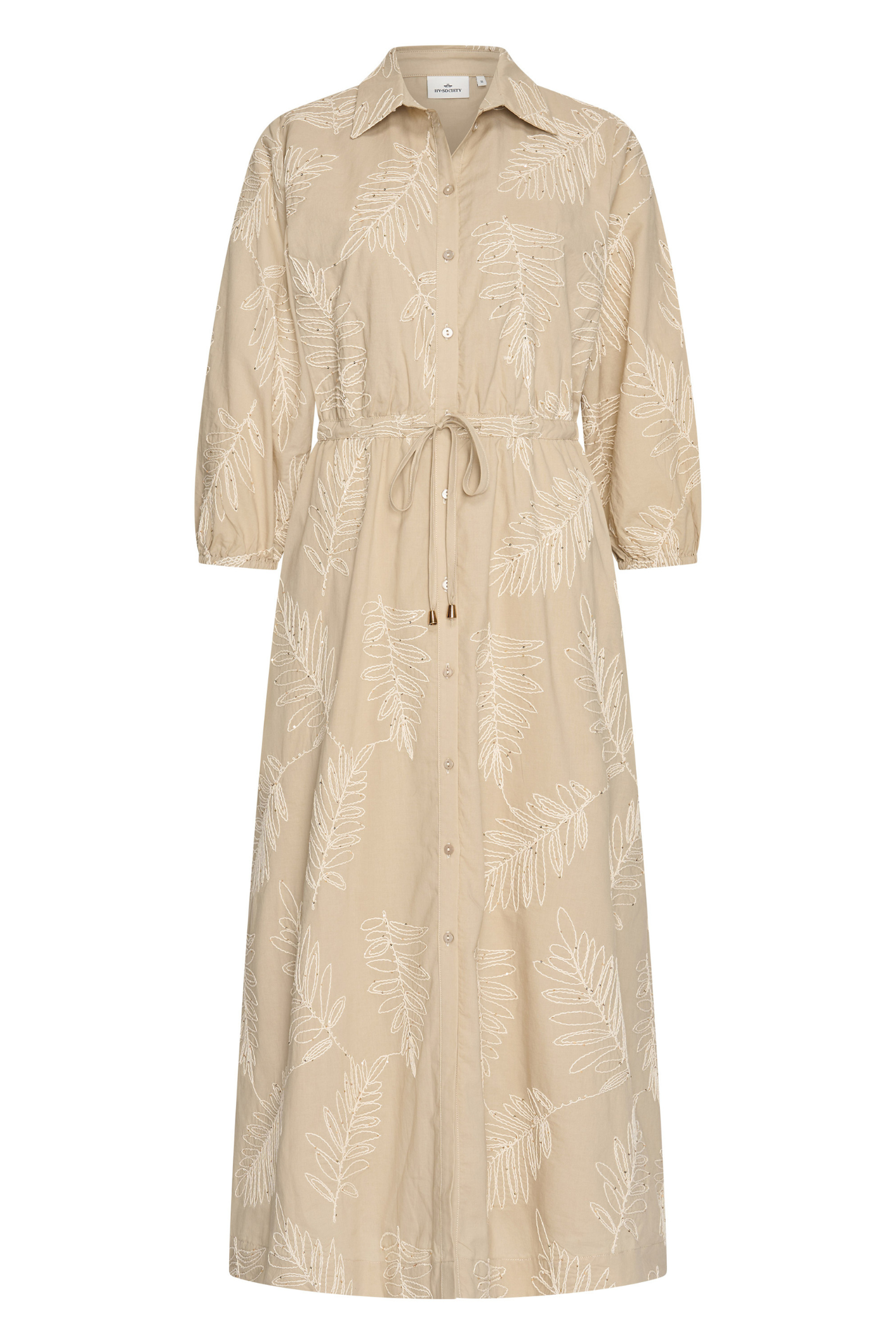 HV Society Doris sand shirt dress in 100% cotton. Soft, breathable and flattering with a beautiful embroidered finish. Shop at Dotique.