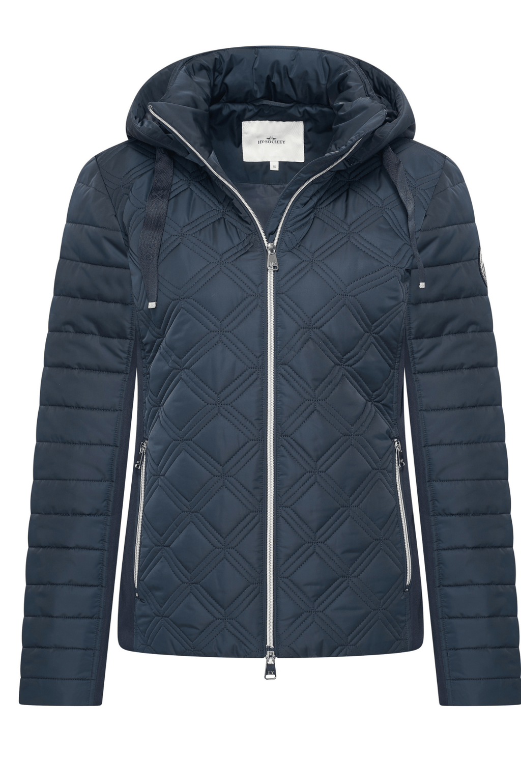 Dotique HV Society navy quilted jacket with hood and front zip fastening