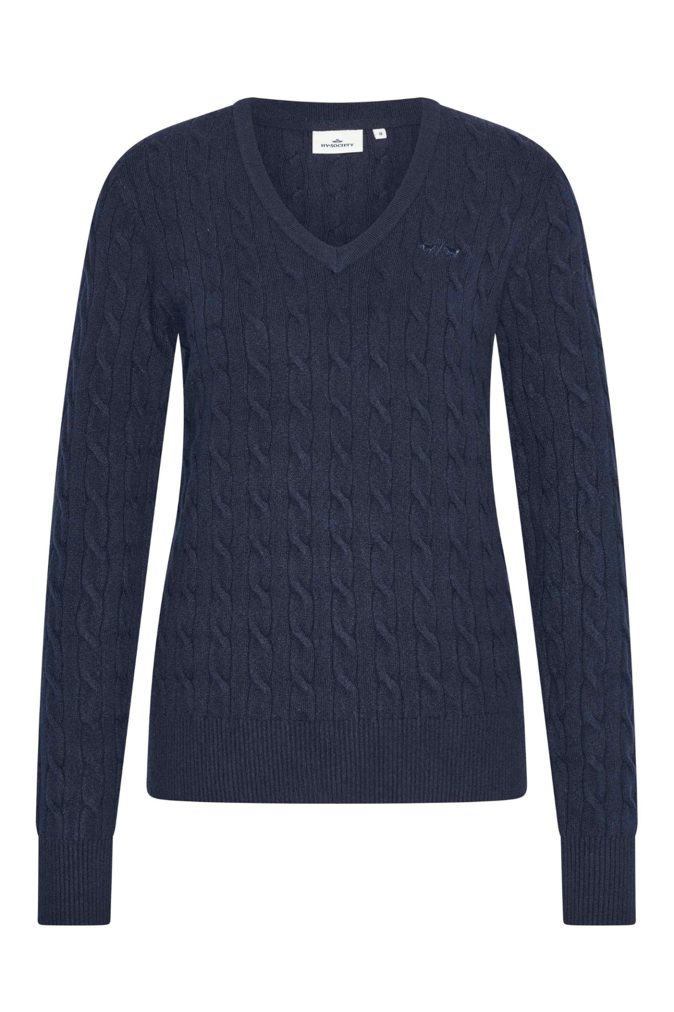 Dotique HV Society navy cable knit jumper with V-neck