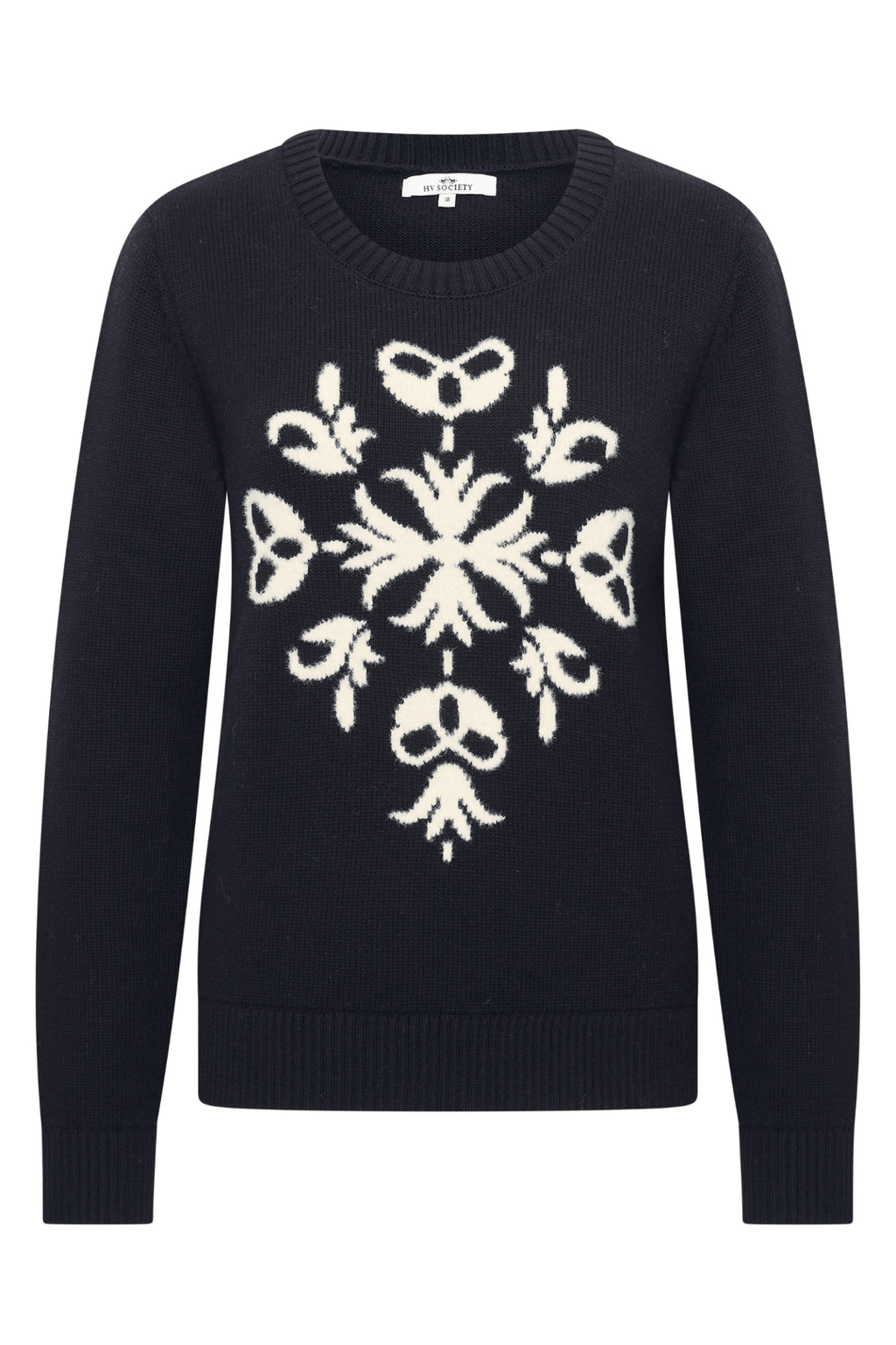 Dotique HV Society navy jumper with large cream snowflake design on front