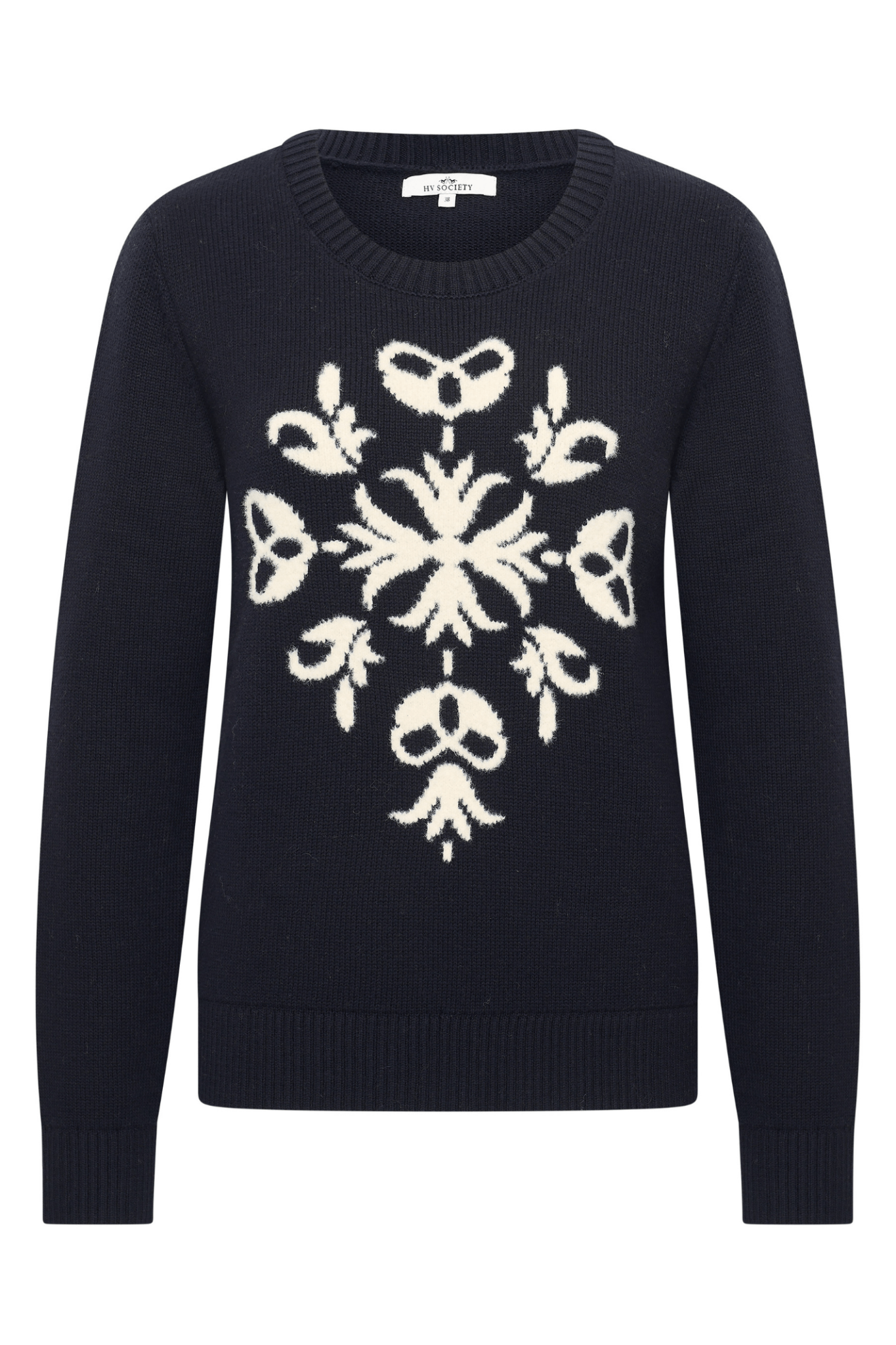 Dotique HV Society navy jumper with large cream snowflake design on front