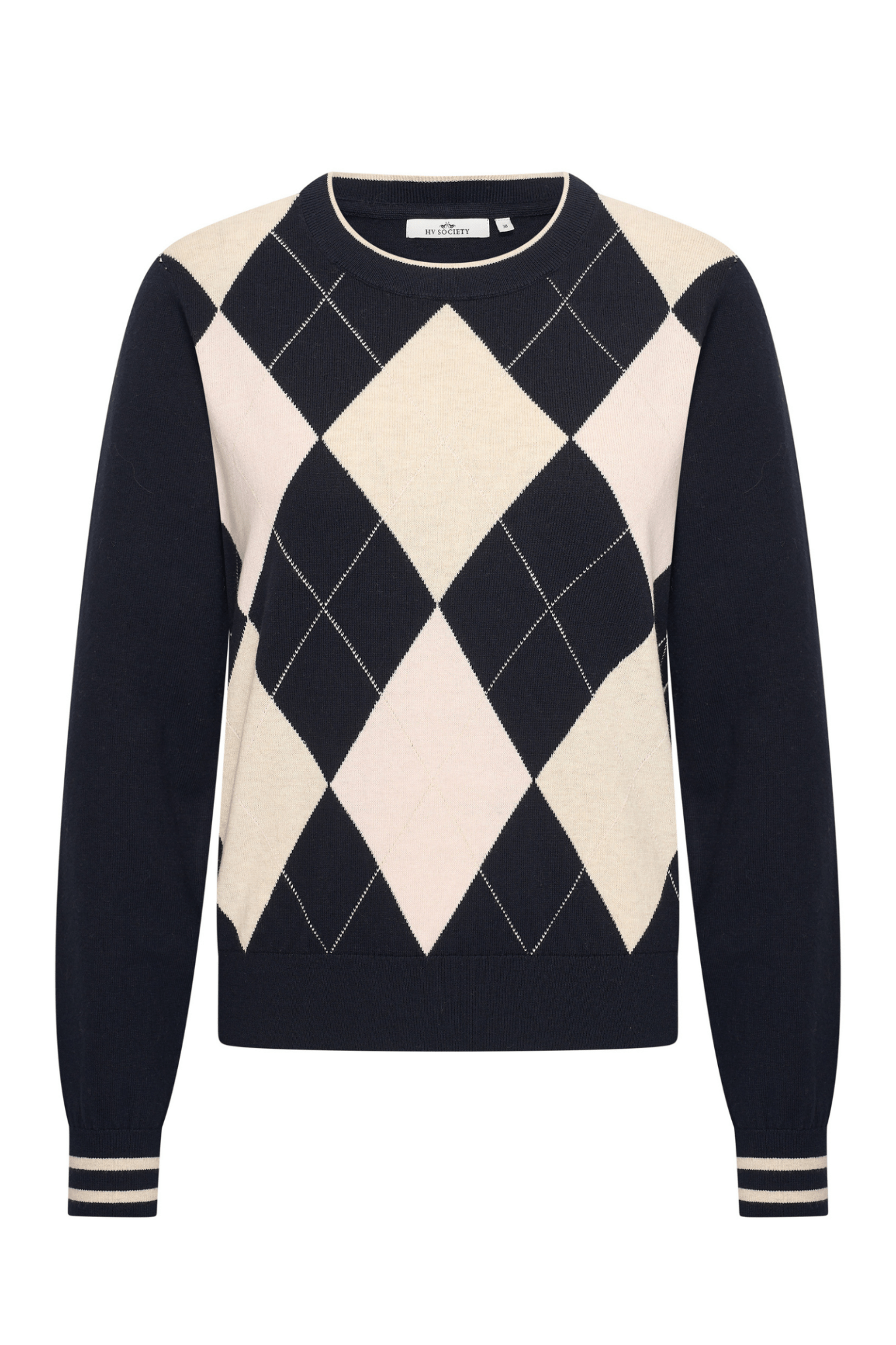 Dotique HV Society navy and cream argyle knit jumper with crew neck