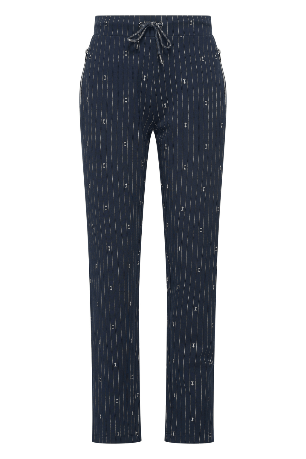 HV Society navy pinstripe trousers with small bridle bit motif and drawstring waist – Dotique

