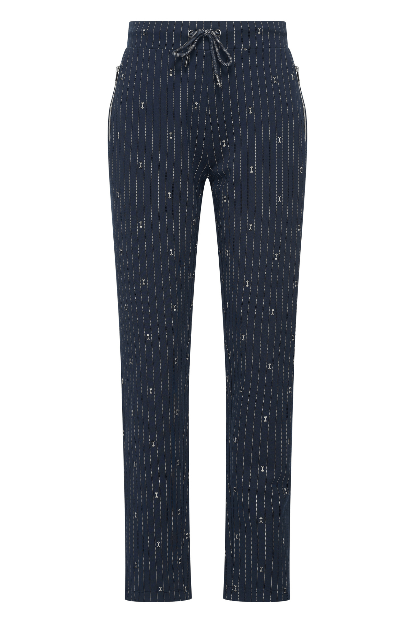 HV Society navy pinstripe trousers with small bridle bit motif and drawstring waist – Dotique

