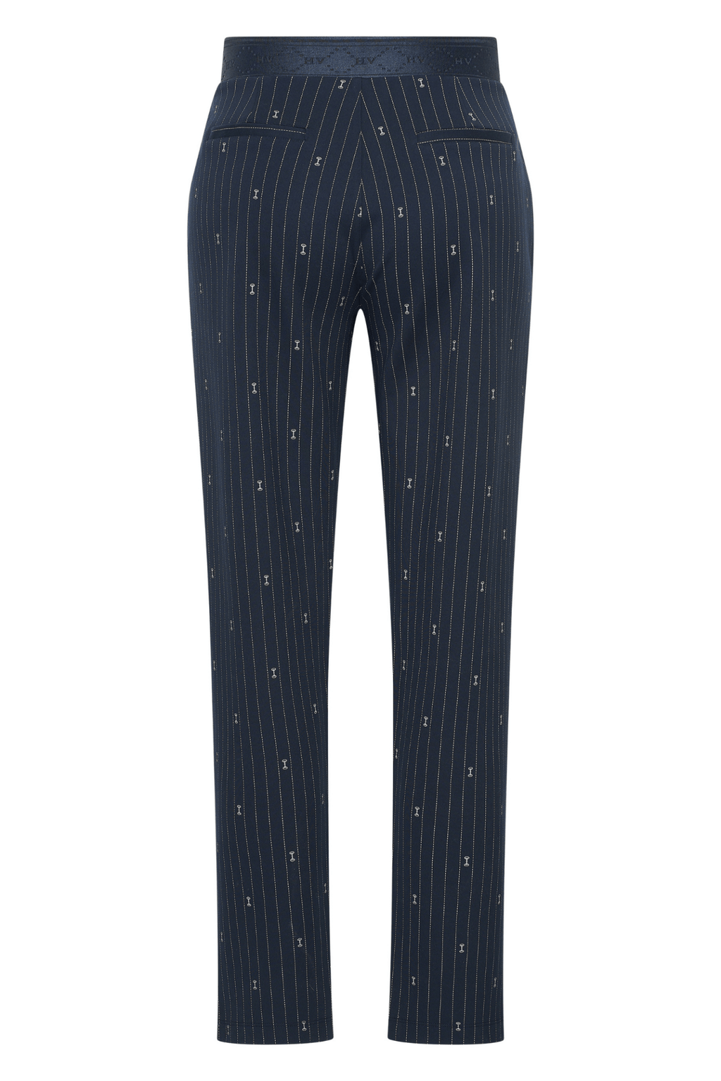 HV Society navy pinstripe trousers with small bridle bit motif and drawstring waist – Dotique

