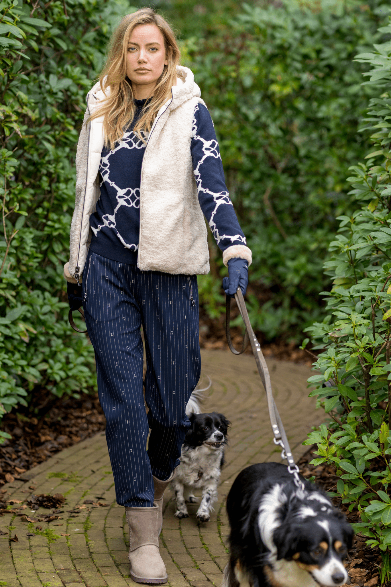 HV Society navy pinstripe trousers with small bridle bit motif and drawstring waist – Dotique

