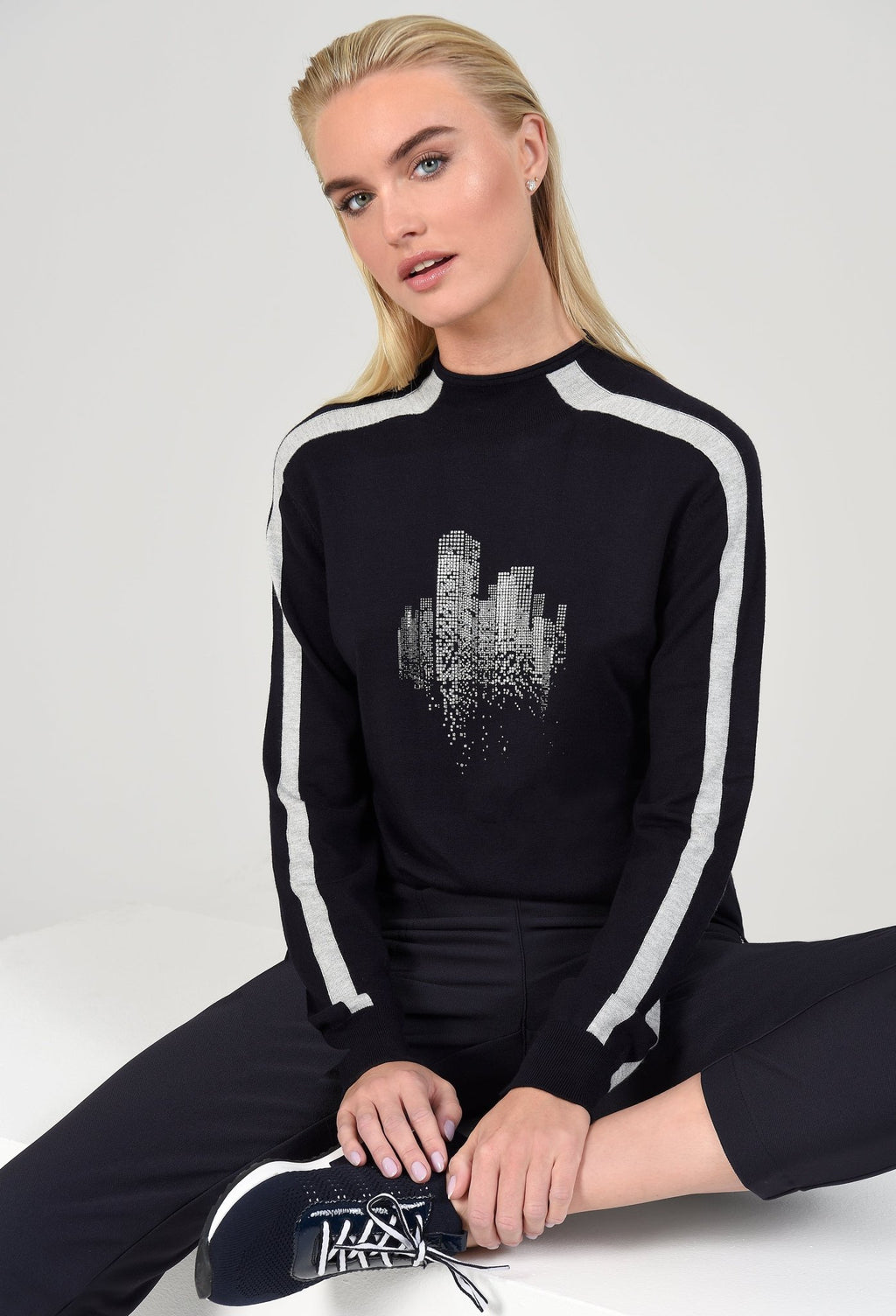 Icona 64108-60041-69 Navy Motif Crew Neck Long Sleeve Jumper - Dotique