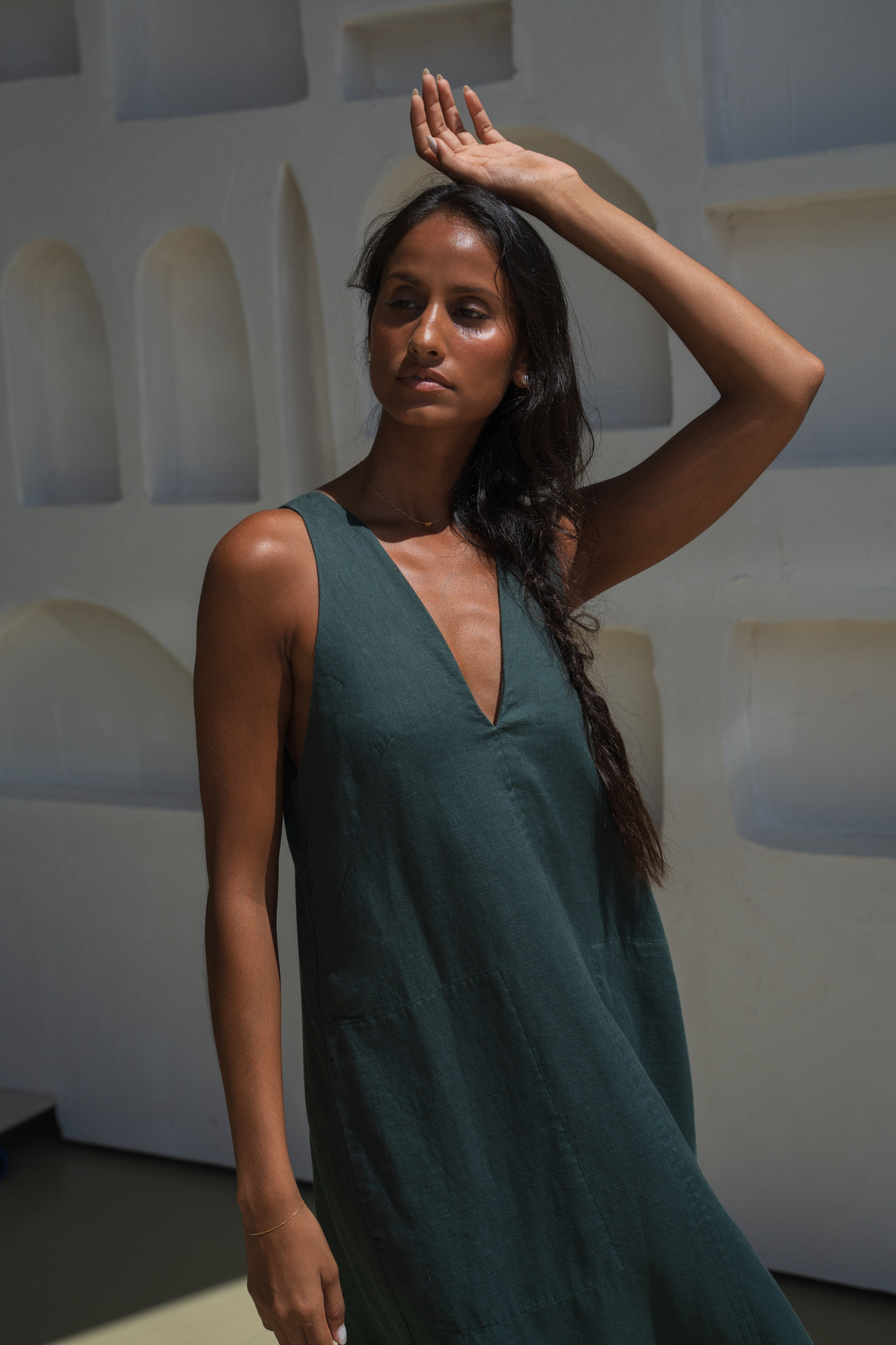 Woman wearing Lilly Pilly LP-D018 Iris Linen Dress Forest by Lilly Pilly, shop Lilly Pilly at Dotique.