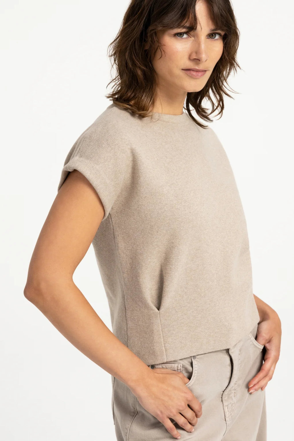 YAYA Jumper with Textured Sleeves - Pure Cashmere Grey Melange 01-000644-609
