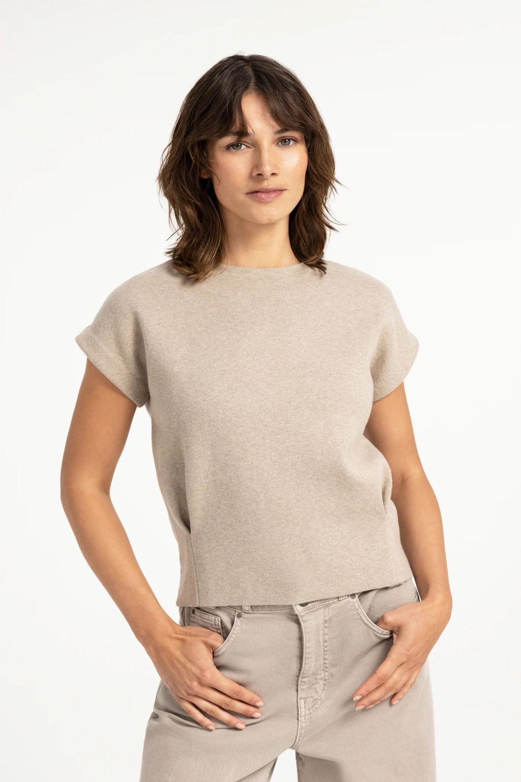 YAYA Jumper with Textured Sleeves - Pure Cashmere Grey Melange 01-000644-609