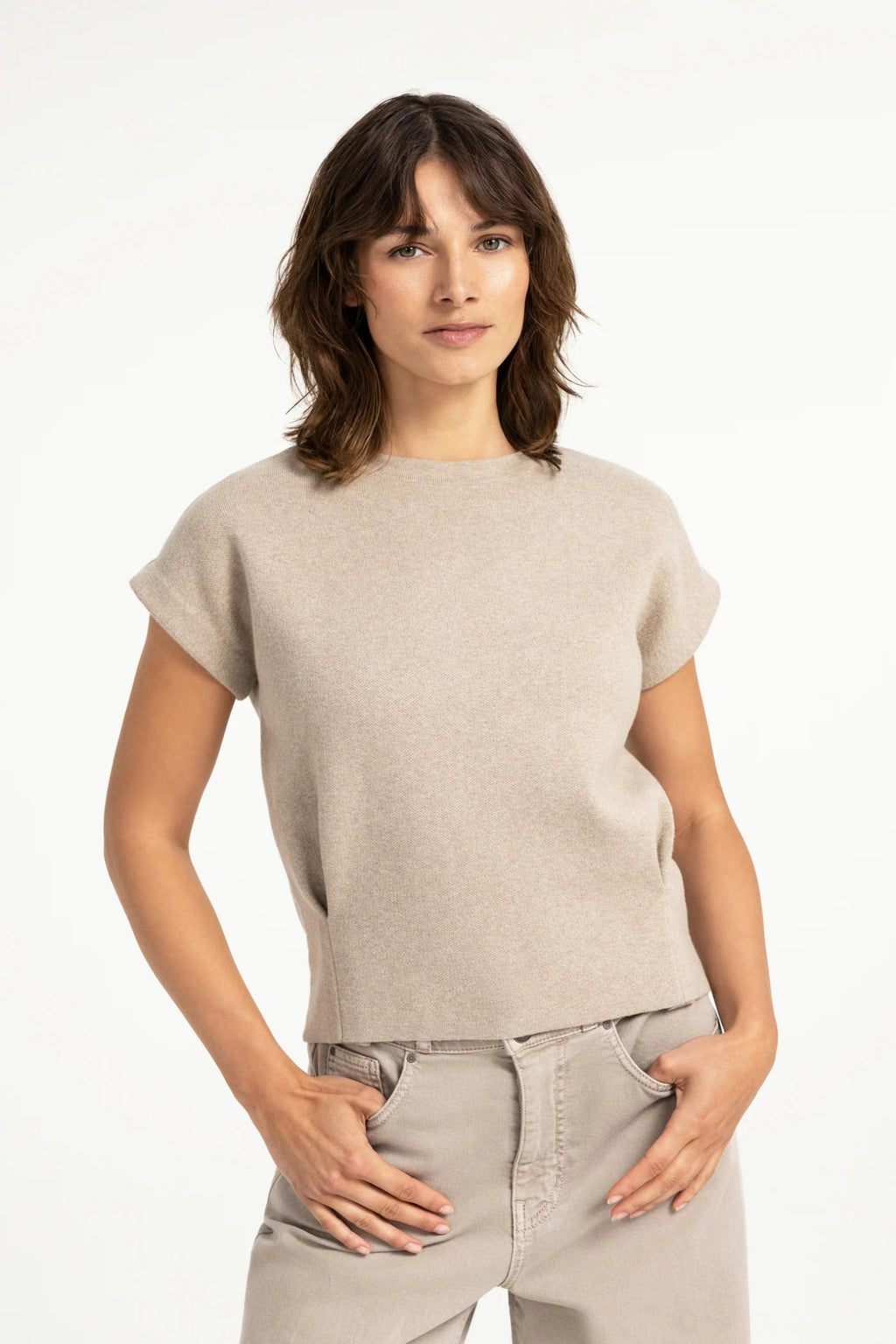 YAYA Jumper with Textured Sleeves - Pure Cashmere Grey Melange 01-000644-609